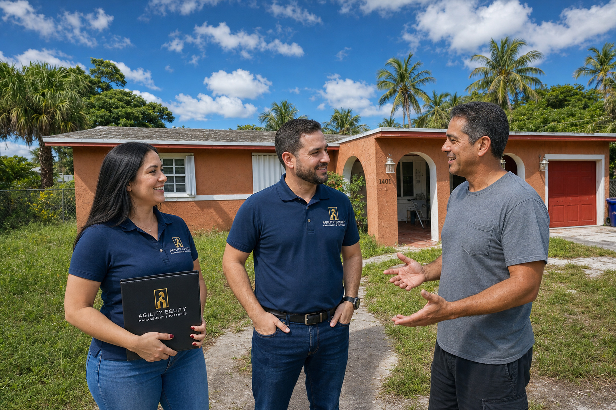 Agility Equity team members in branded polos meeting a seller outside a distressed South Florida home