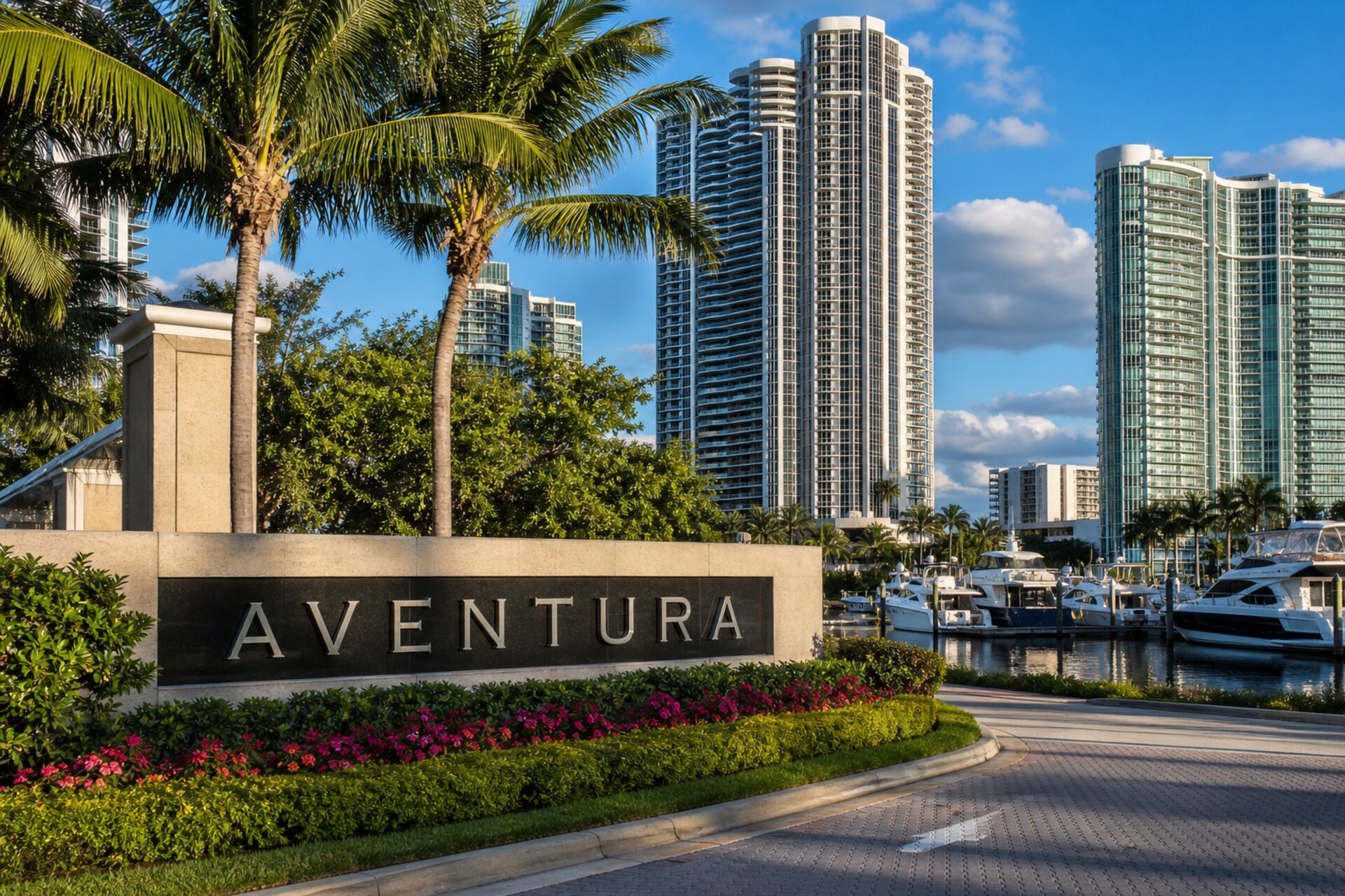 Welcome sign at the entrance to Aventura, Florida