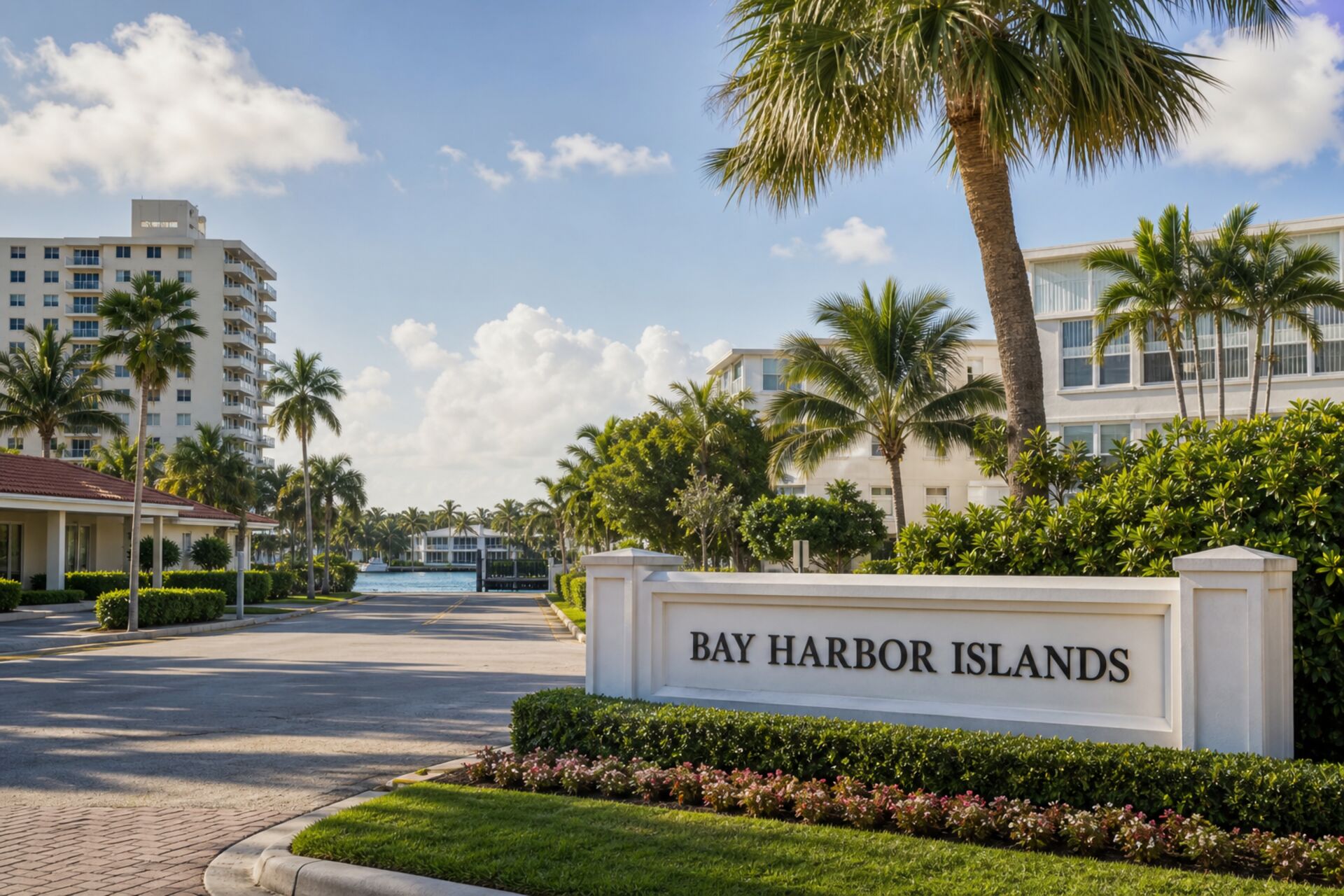 Welcome sign at the entrance to Bay Harbor Islands, Florida