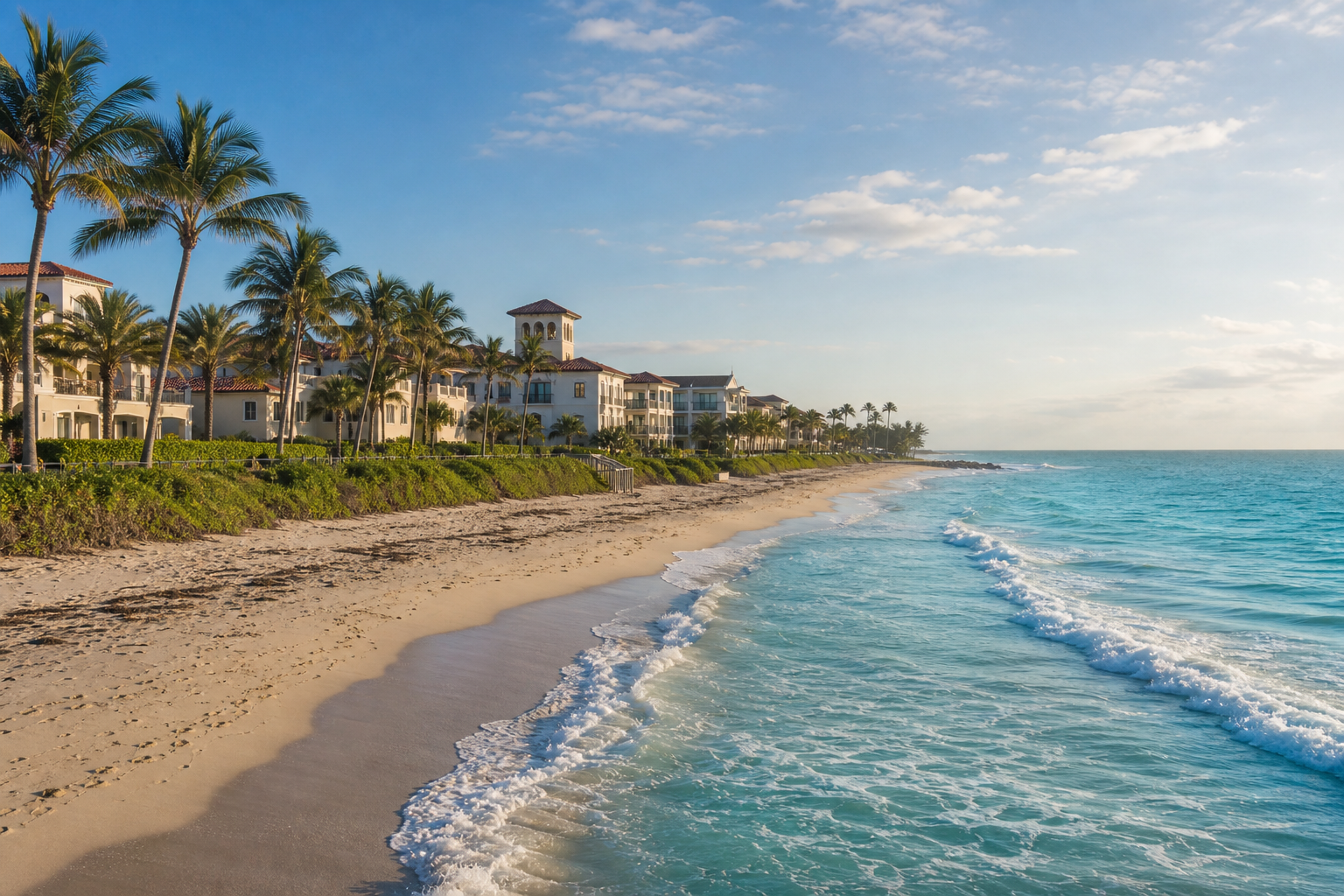 Boca Raton beach coastline with turquoise water and palm trees