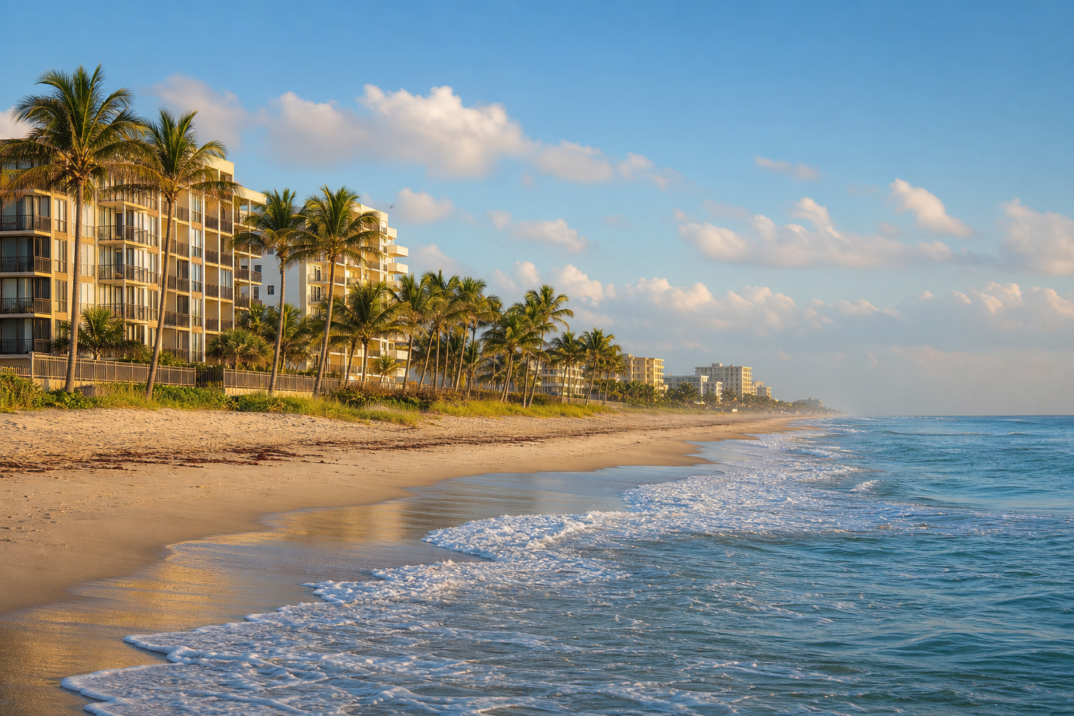 Boynton Beach oceanfront with palm trees and coastal condominiums