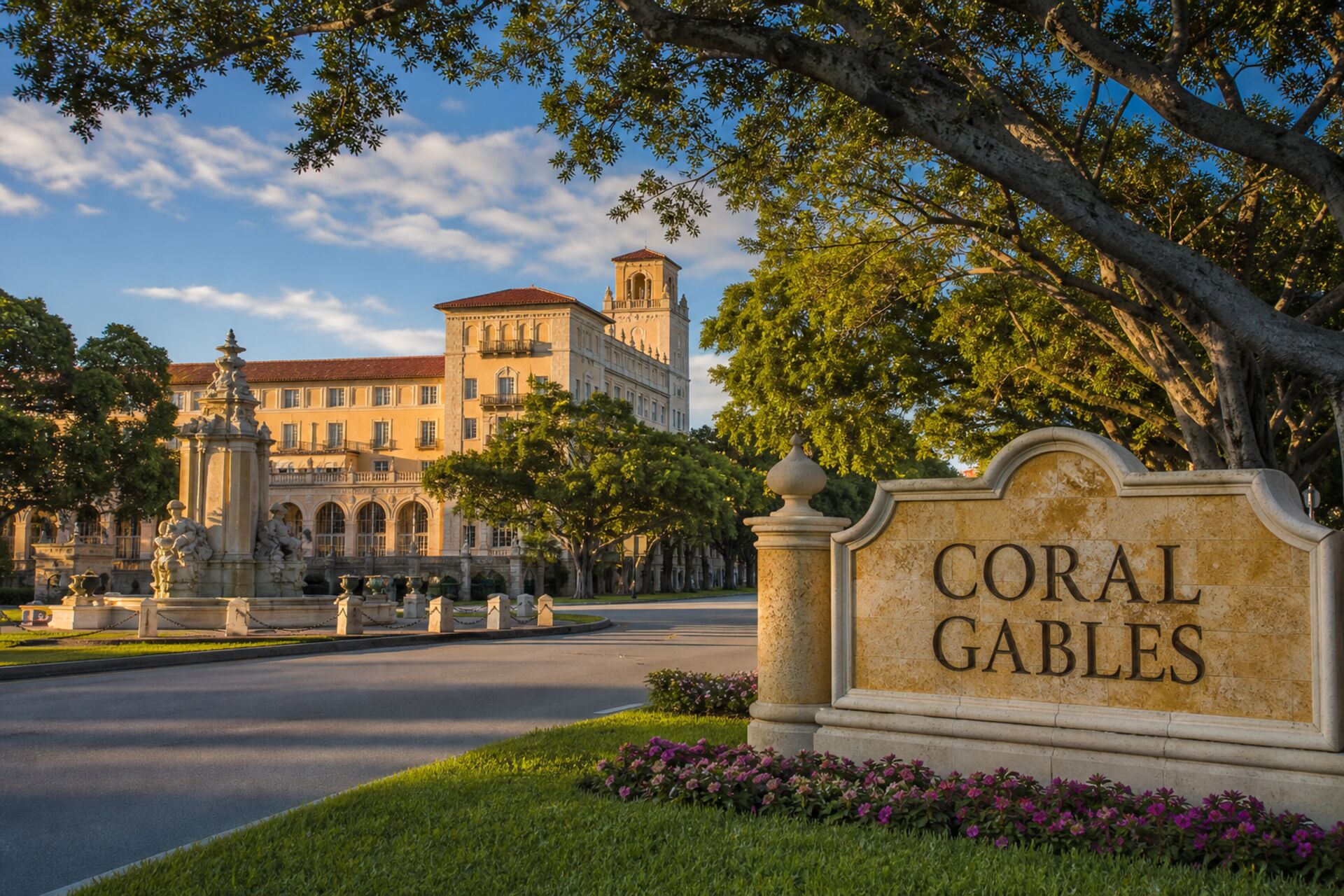 Welcome sign at the entrance to Coral Gables, Florida