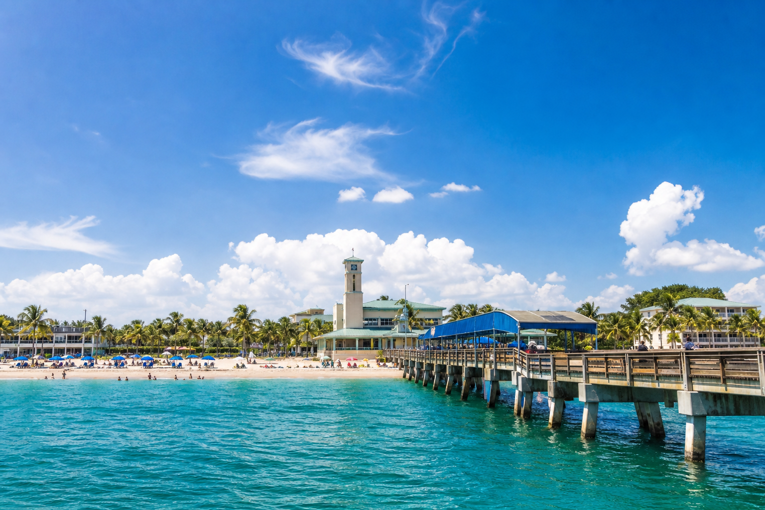 Deerfield Beach pier and turquoise Atlantic coastline in Florida