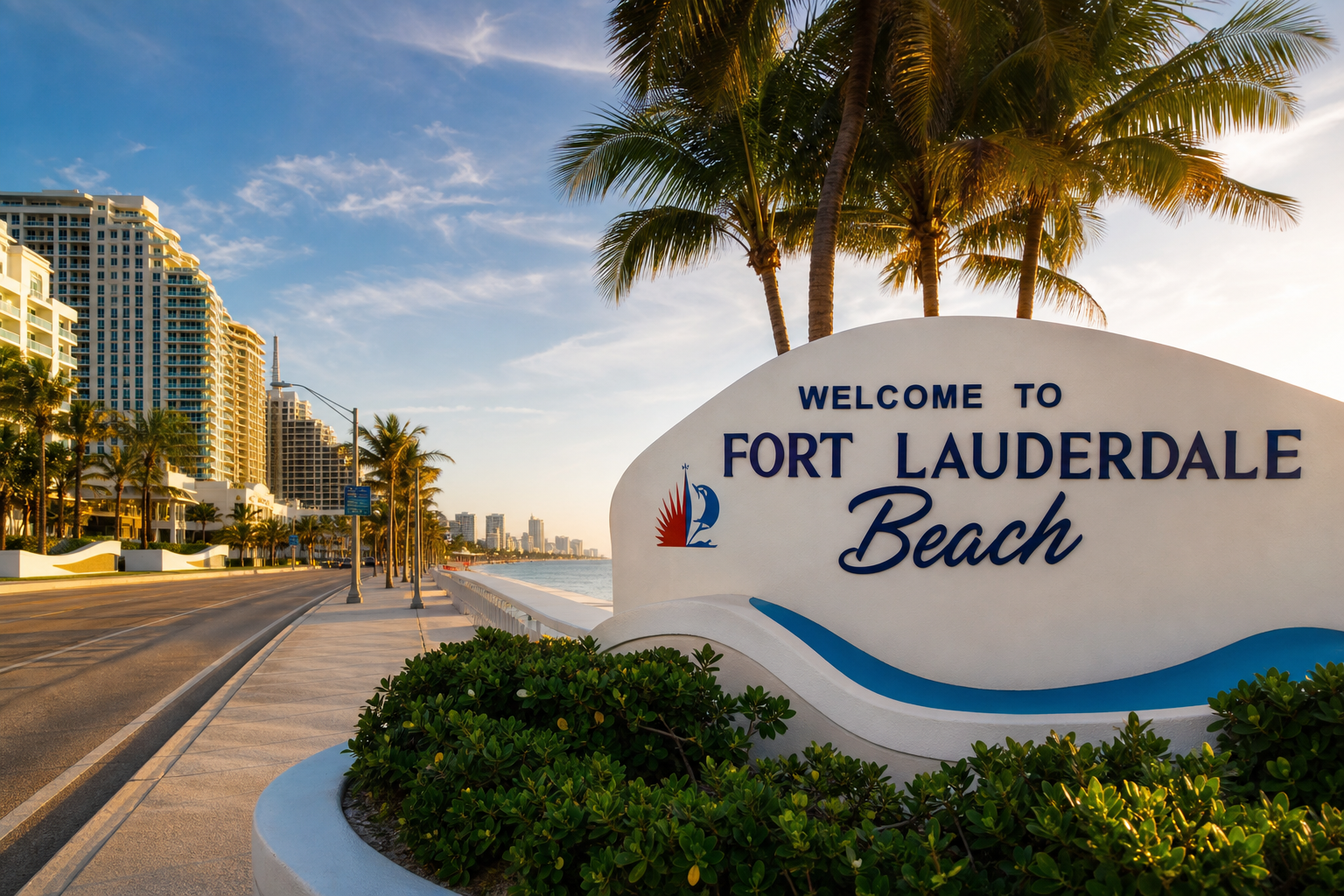 Welcome to Fort Lauderdale Beach sign with palm trees and the Atlantic Ocean