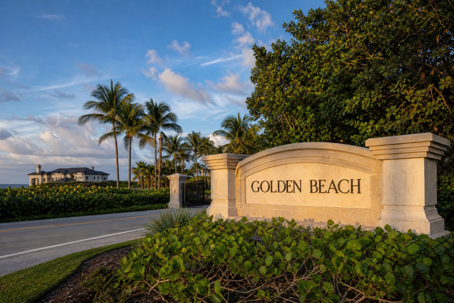 Welcome sign at the entrance to Golden Beach, Florida