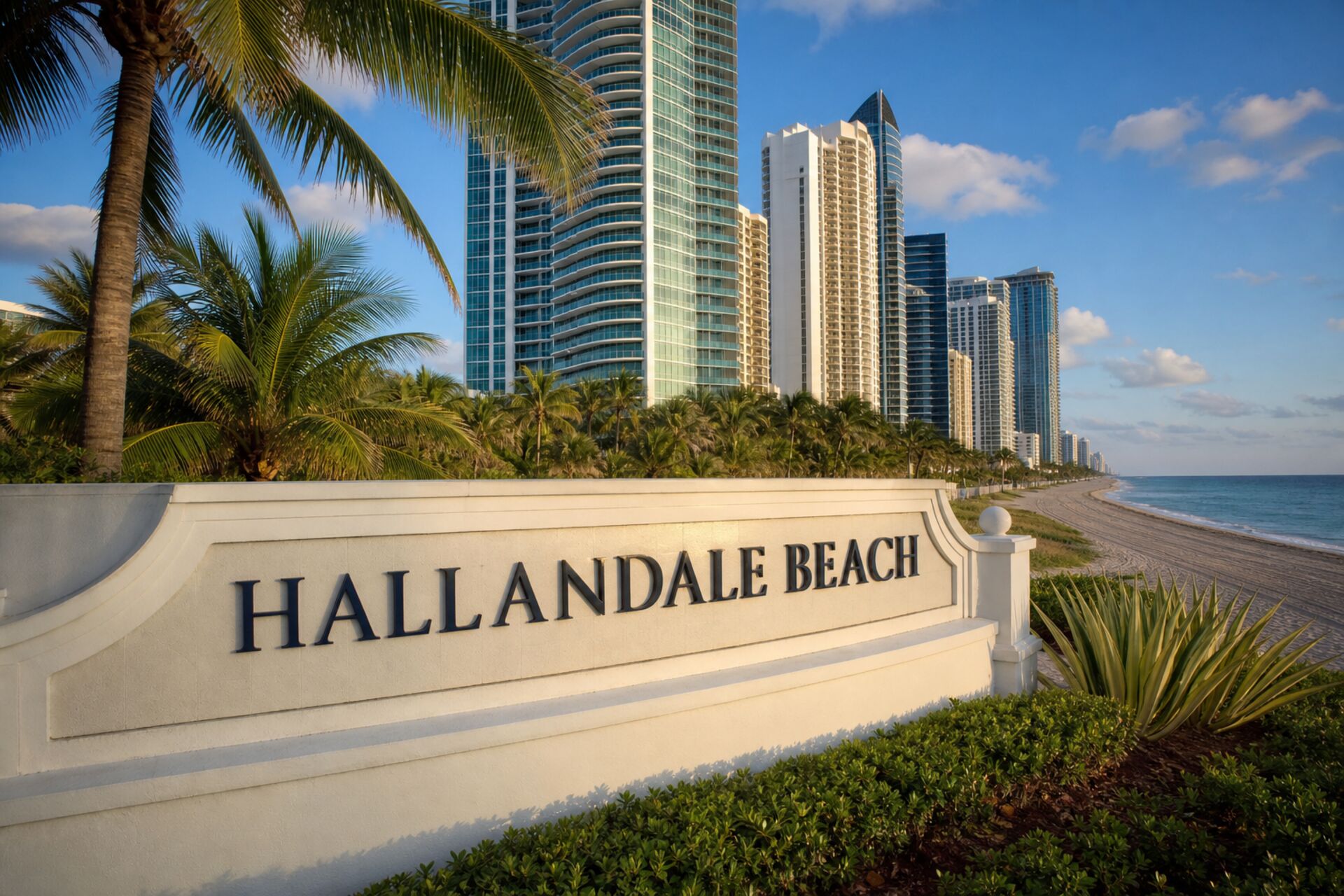 Welcome sign at the entrance to Hallandale Beach, Florida