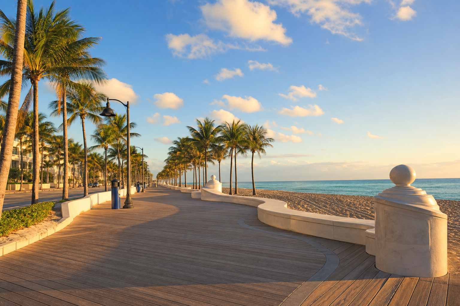 Hollywood Beach Broadwalk with palm trees and the Atlantic Ocean in Hollywood, Florida