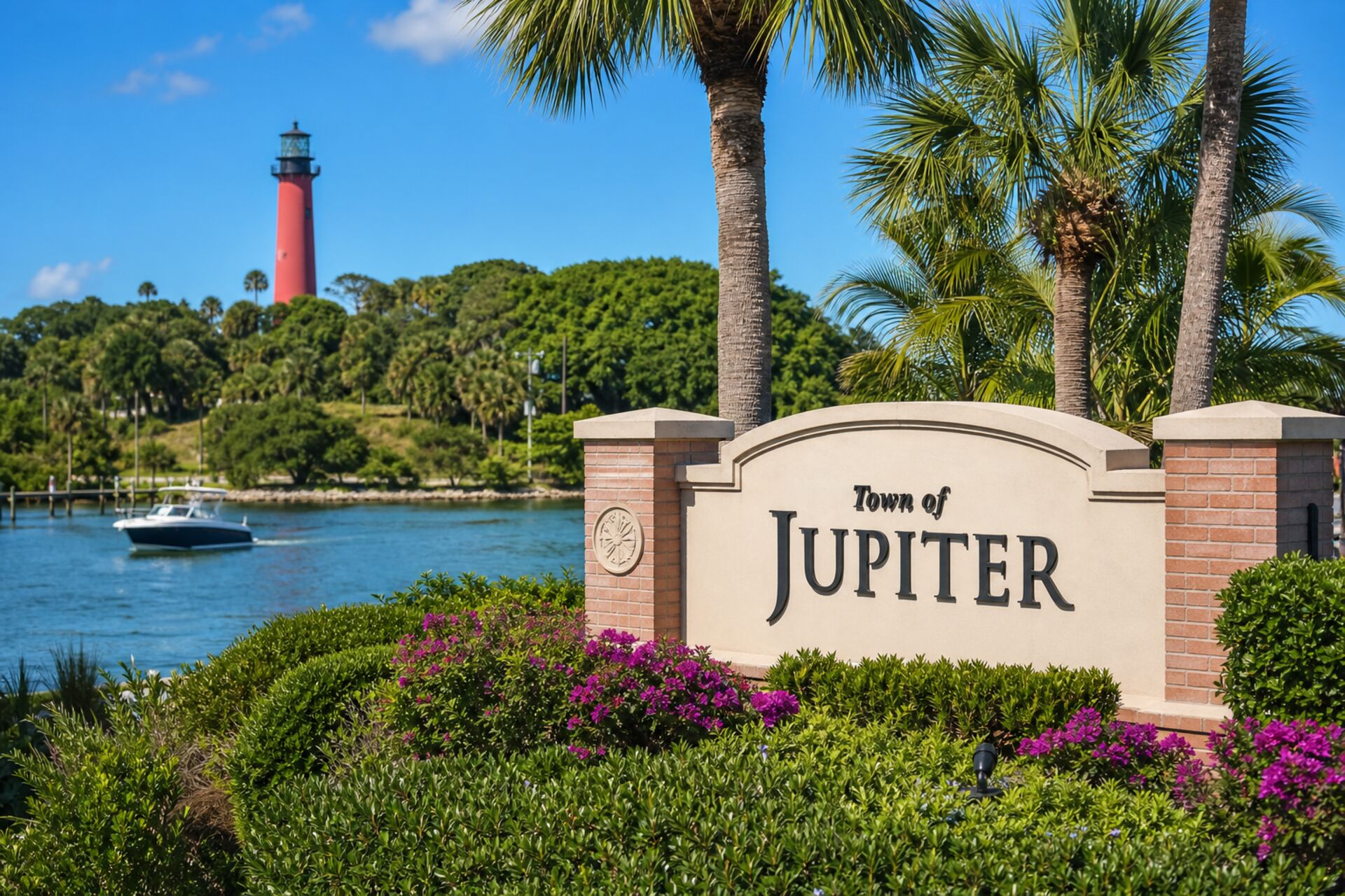 Welcome sign at the entrance to Jupiter, Florida
