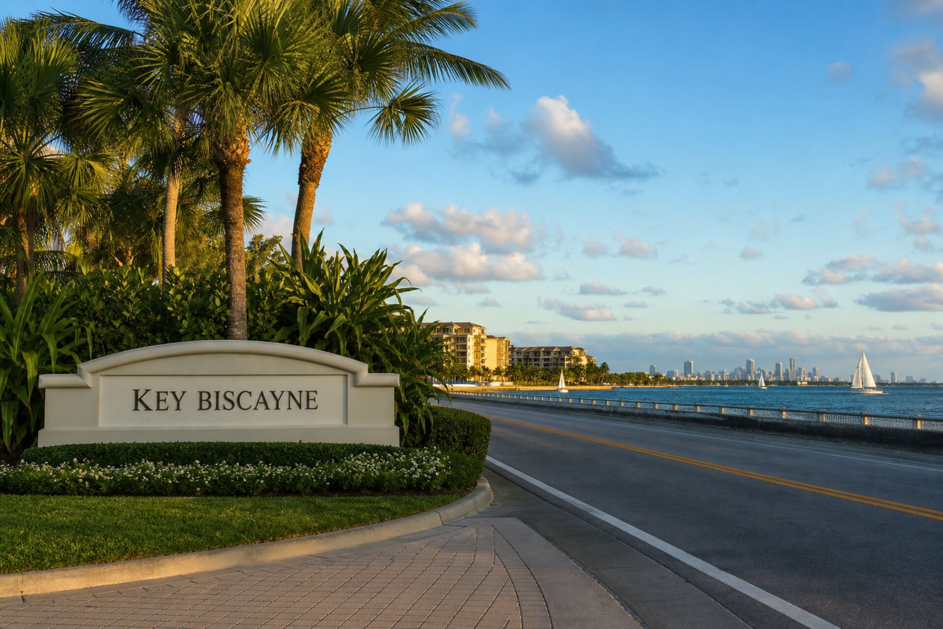 Welcome sign at the entrance to Key Biscayne, Florida