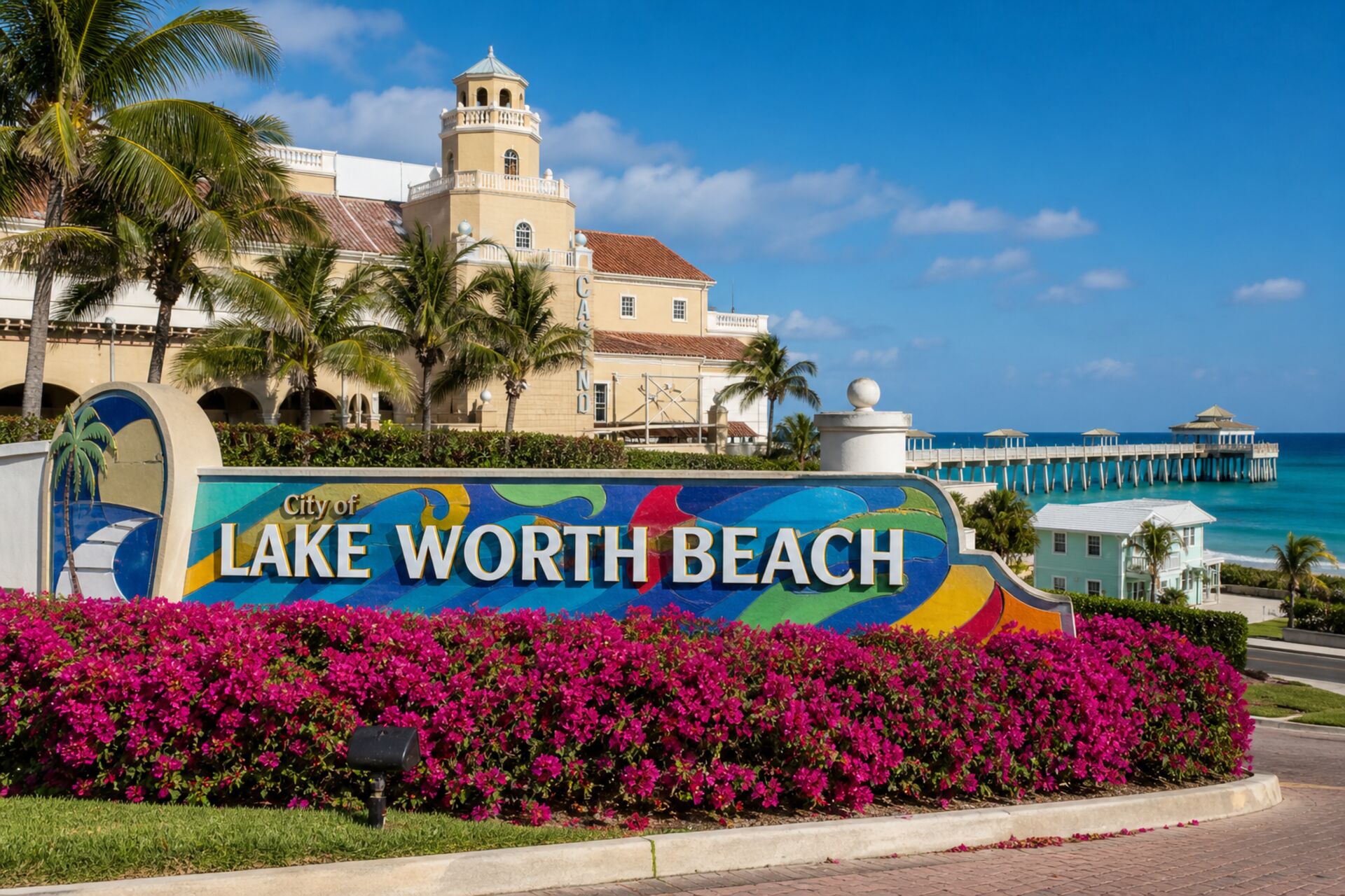 Welcome sign at the entrance to Lake Worth Beach, Florida