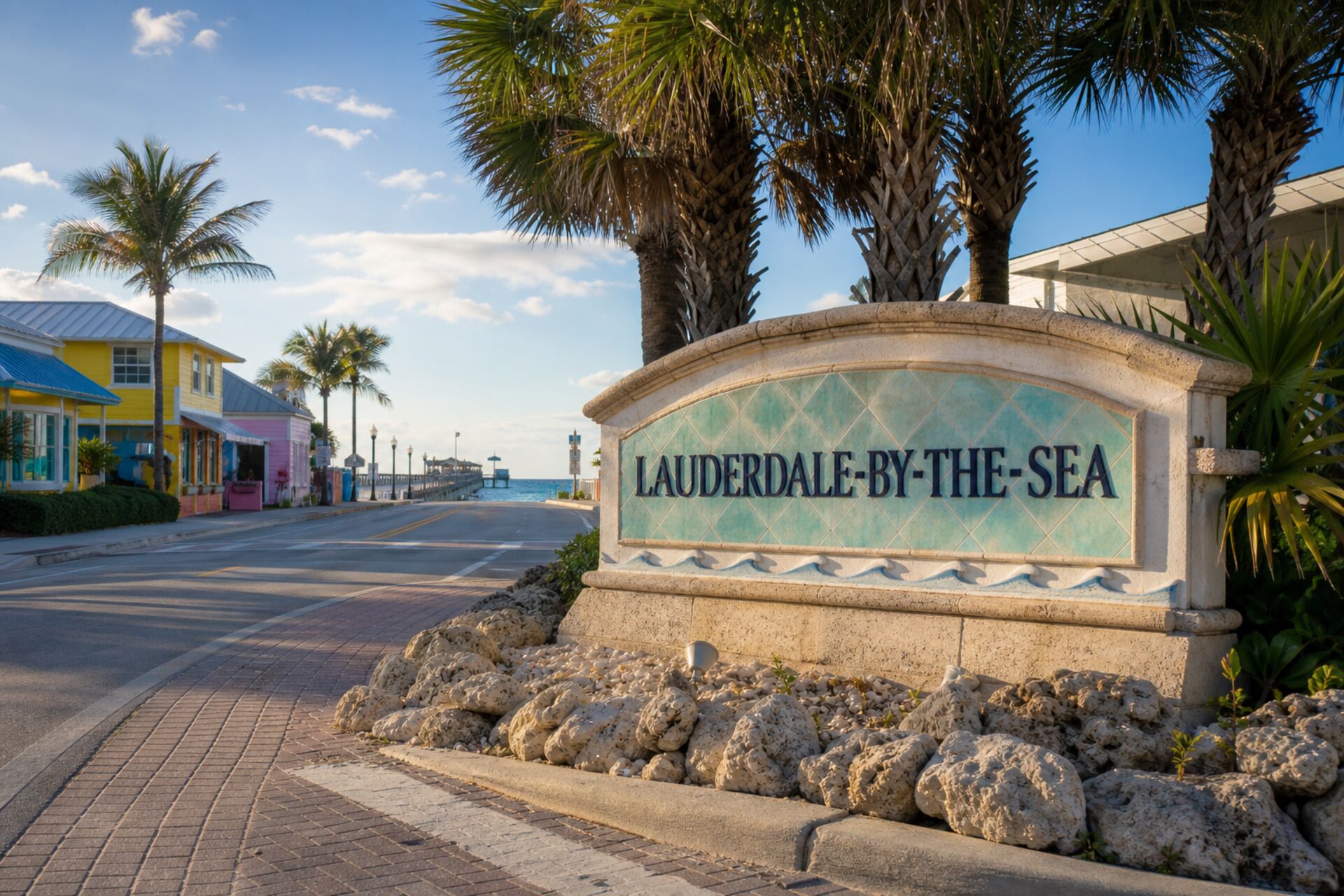 Welcome sign at the entrance to Lauderdale-by-the-Sea, Florida