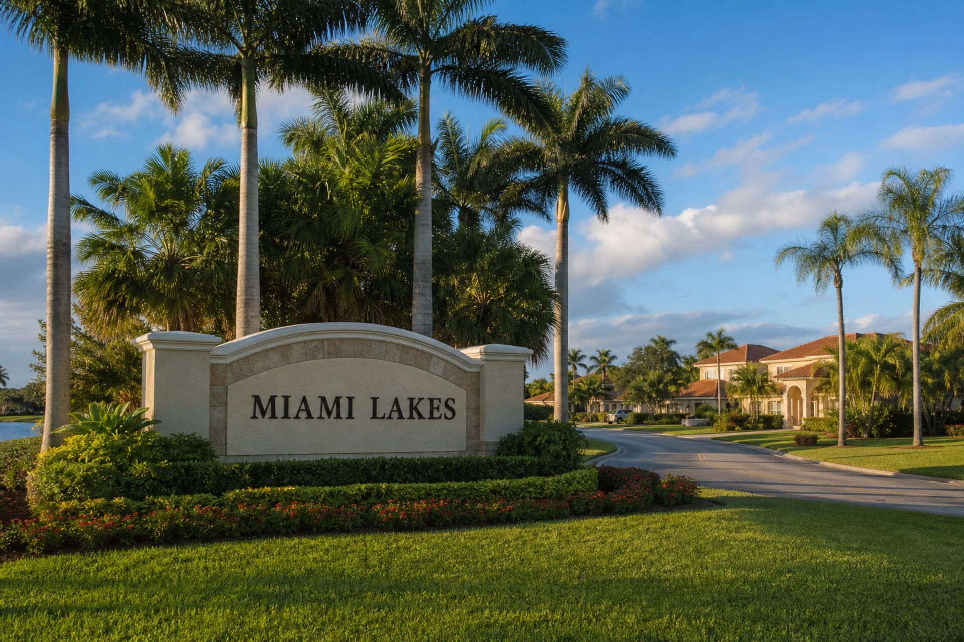 Welcome sign at the entrance to Miami Lakes, Florida