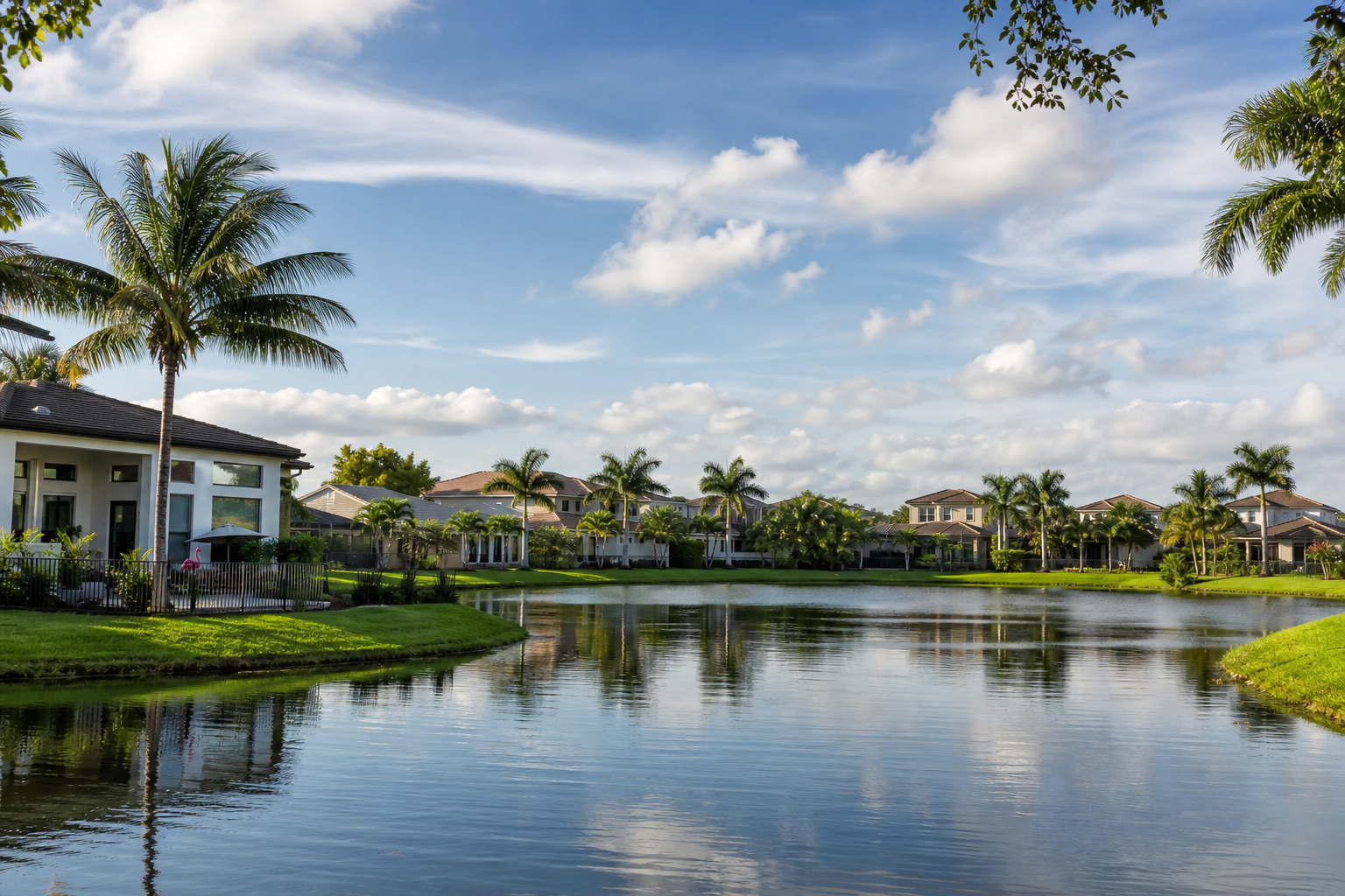 Residential community with palm trees and a lake in Miramar, Florida