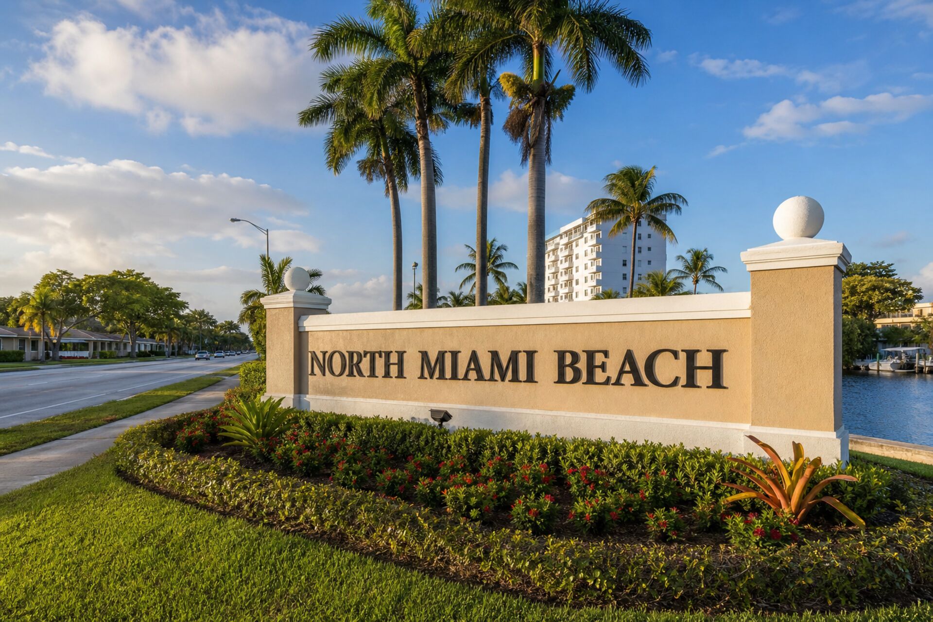 Welcome sign at the entrance to North Miami Beach, Florida