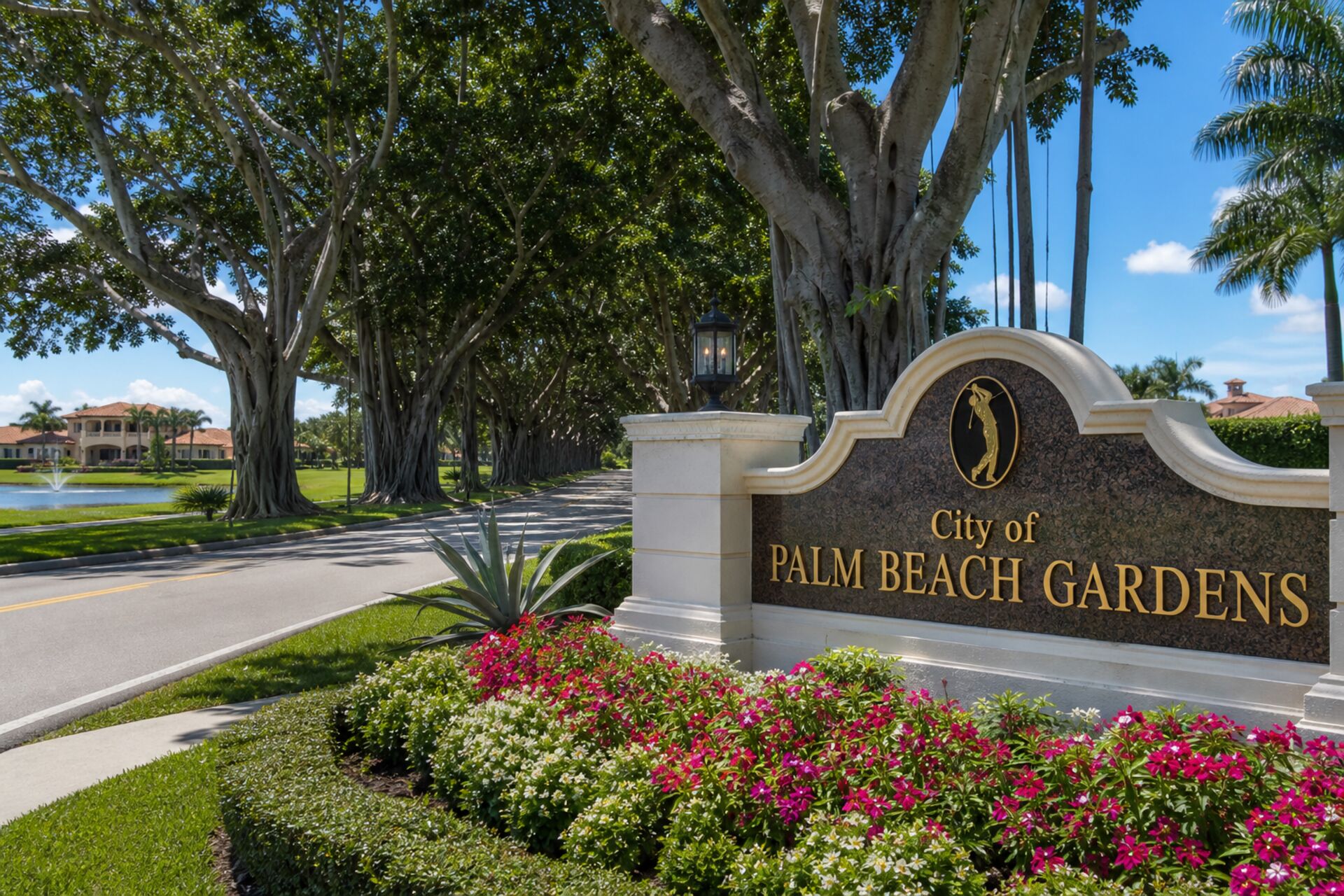 Welcome sign at the entrance to Palm Beach Gardens, Florida