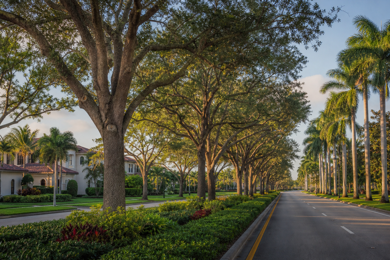 Tree-lined boulevard with palms and Florida homes in Plantation, Florida