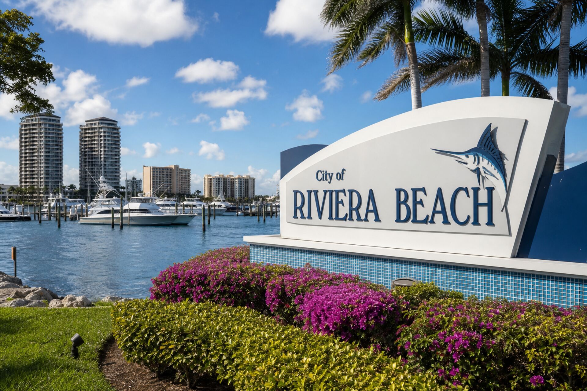 Welcome sign at the entrance to Riviera Beach, Florida