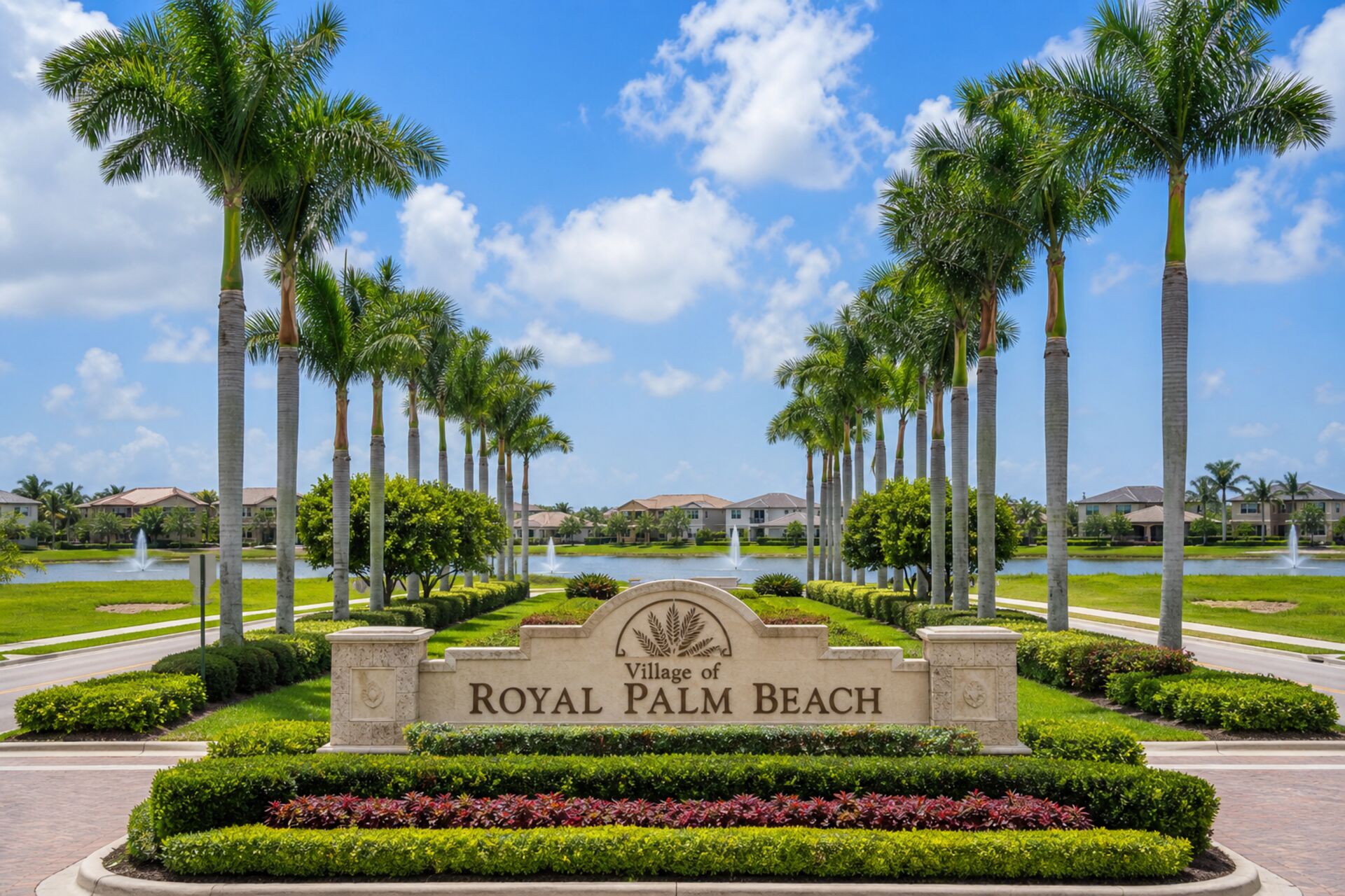 Welcome sign at the entrance to Royal Palm Beach, Florida