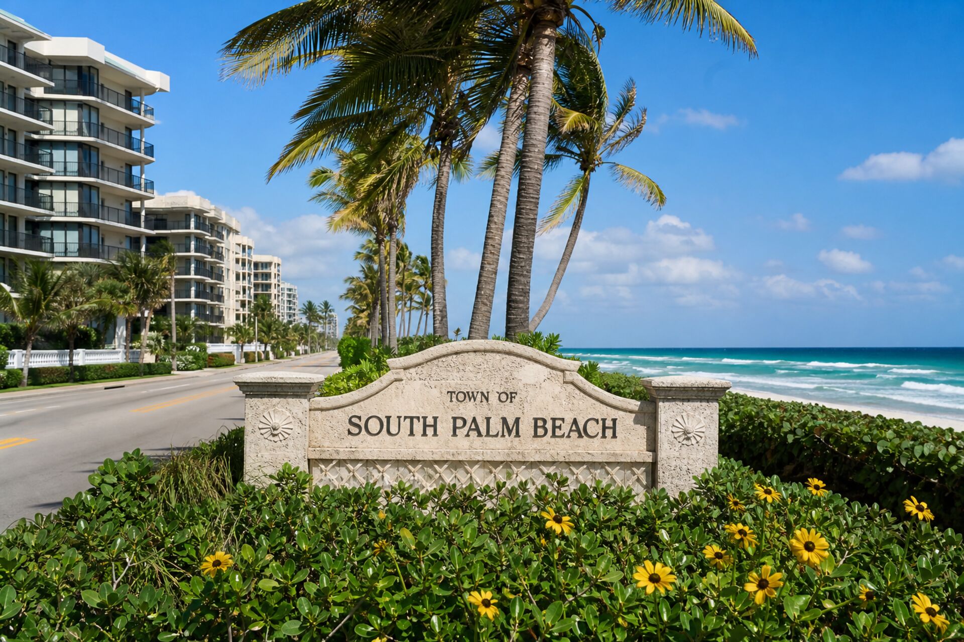 Welcome sign at the entrance to South Palm Beach, Florida