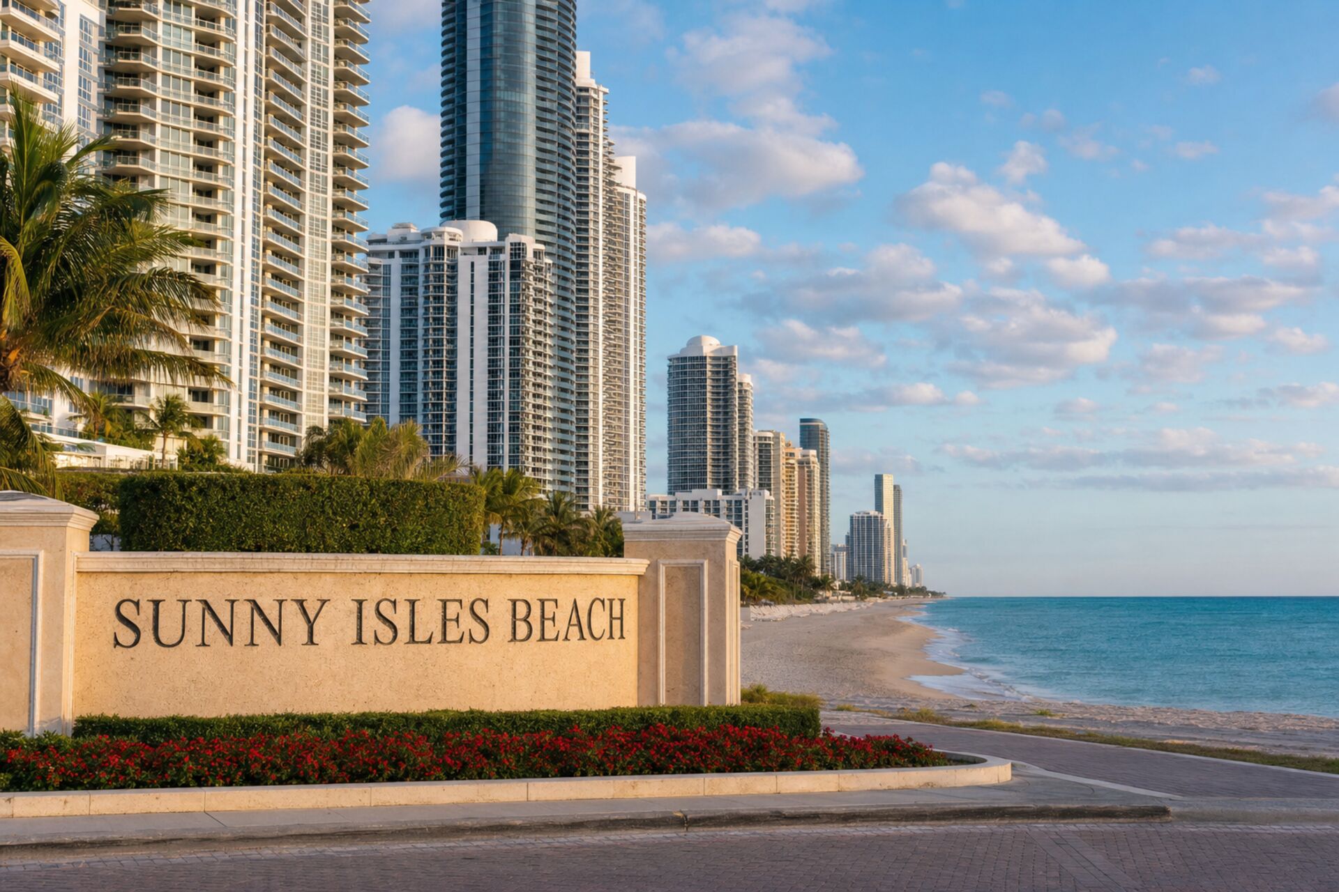 Welcome sign at the entrance to Sunny Isles Beach, Florida