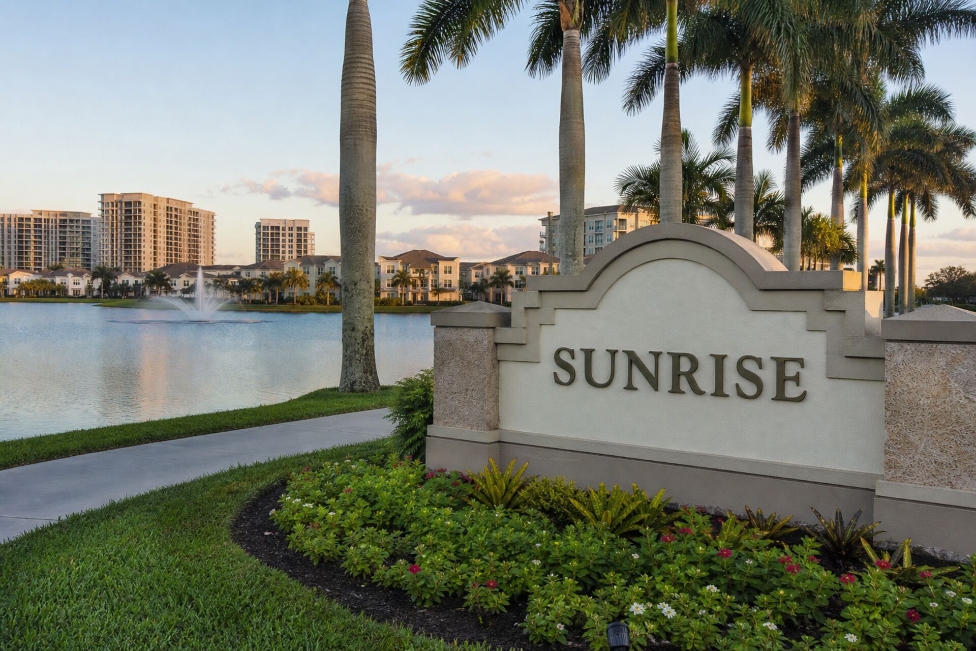 Welcome sign at the entrance to Sunrise, Florida