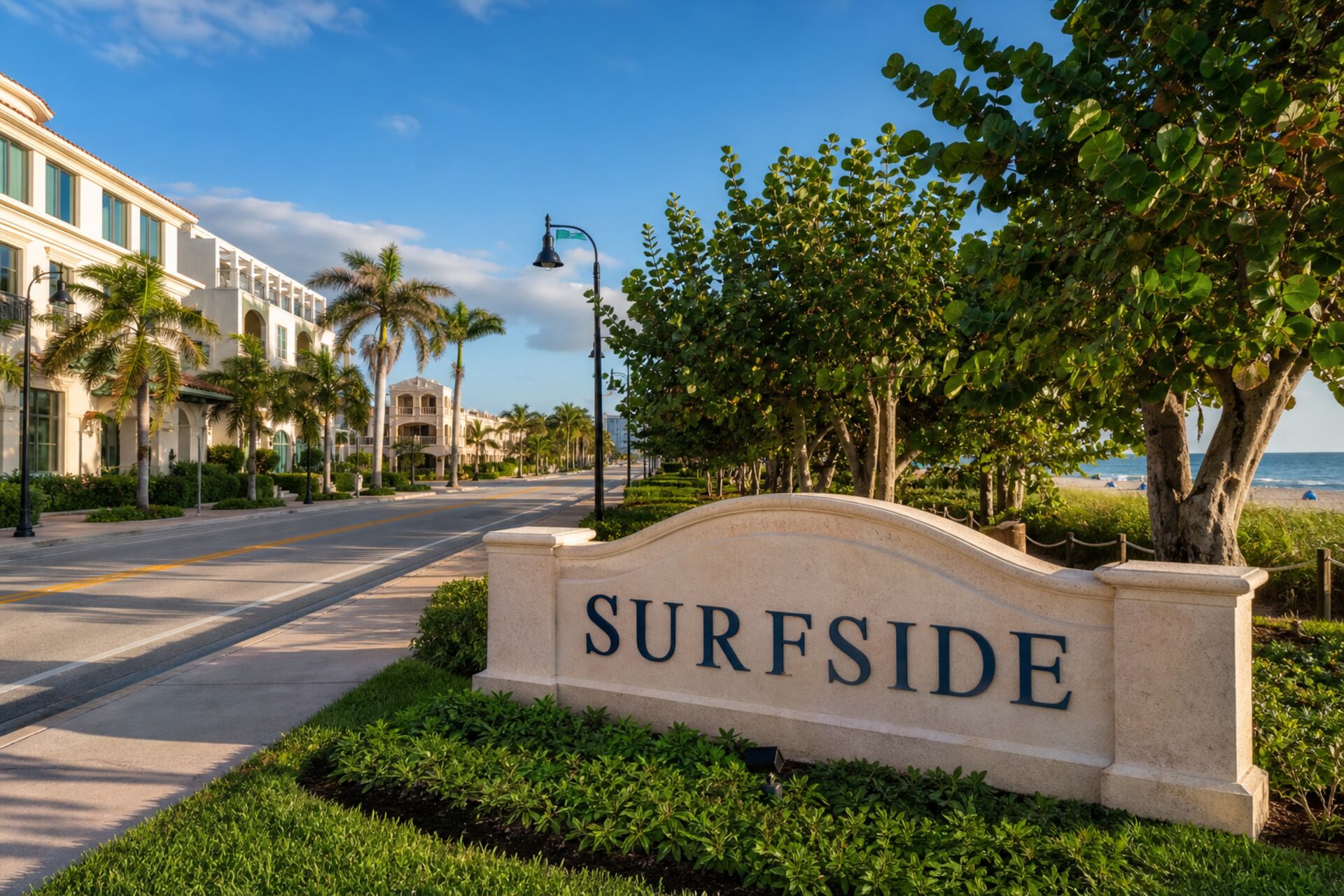 Welcome sign at the entrance to Surfside, Florida