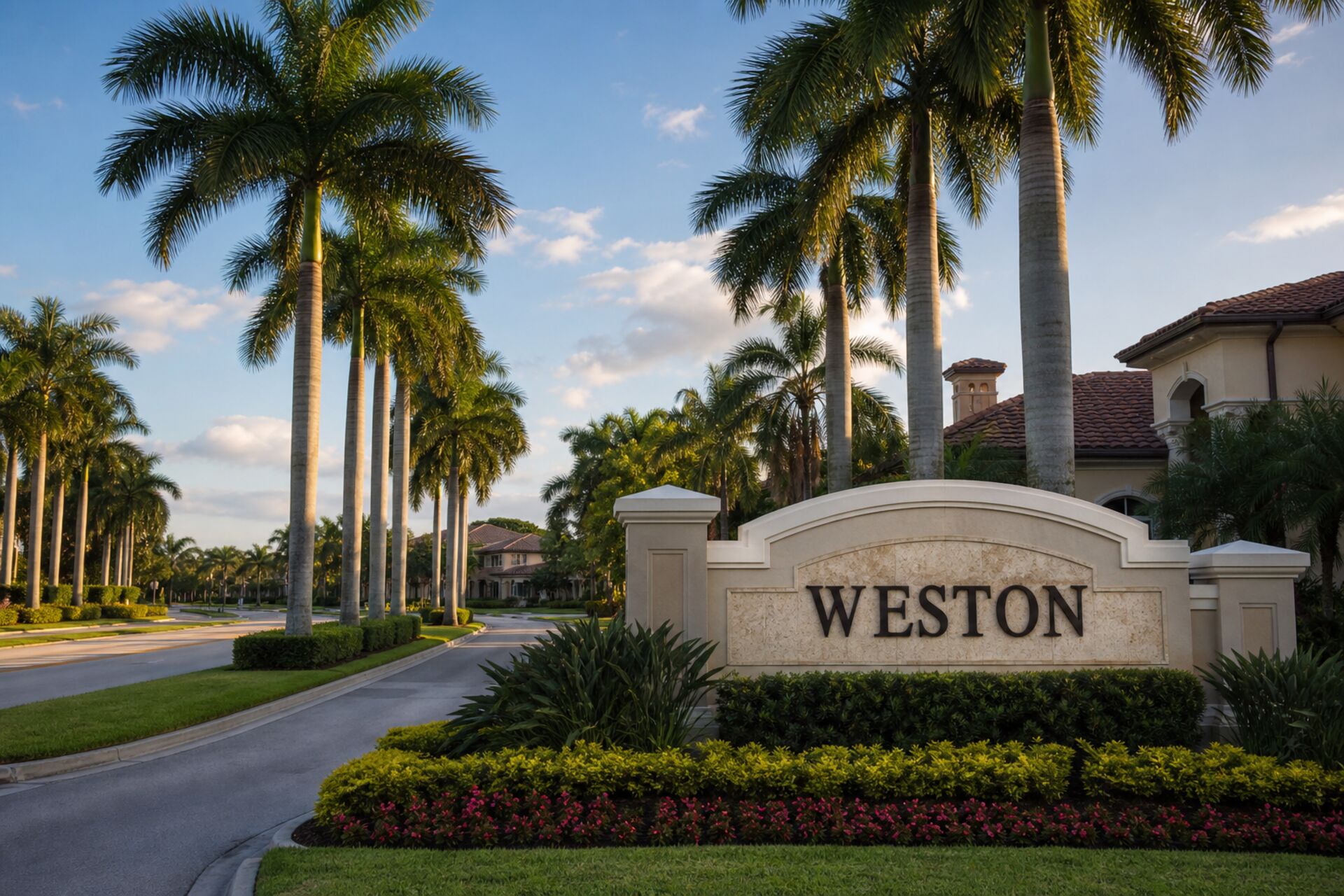 Welcome sign at the entrance to Weston, Florida