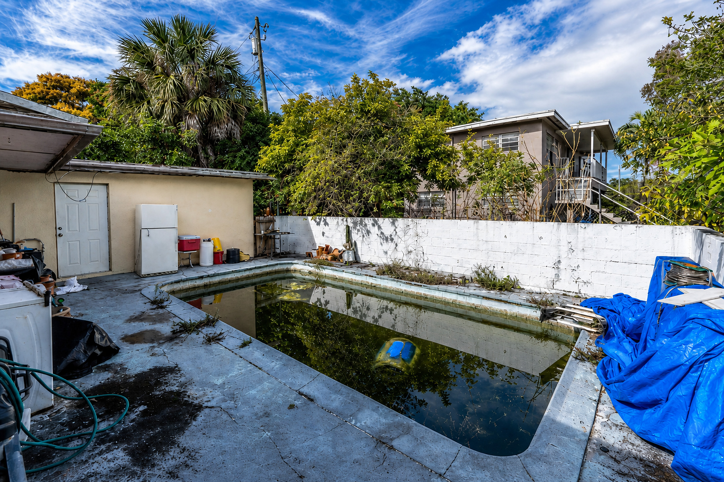 Neglected South Florida backyard with a murky pool, debris, and overgrown landscaping