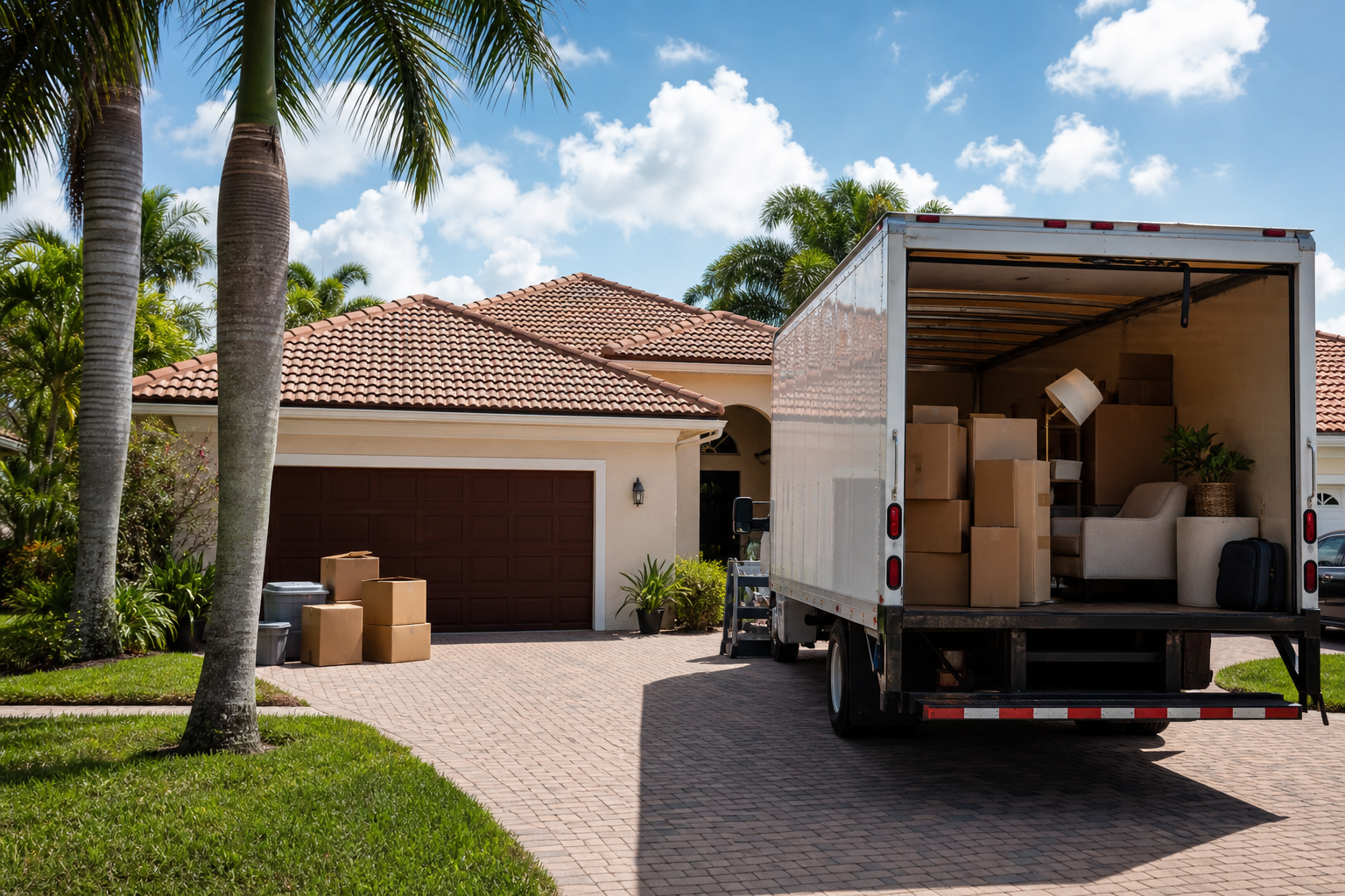 South Florida single-family home with a packed moving truck parked in the driveway
