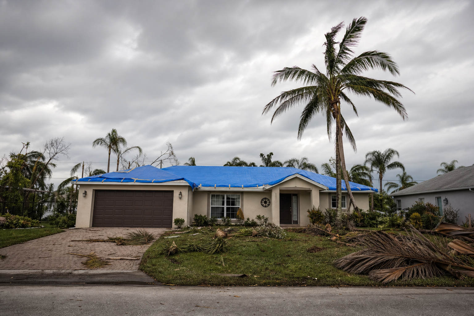 South Florida home with storm-damaged roof tarps and debris in the yard after a hurricane